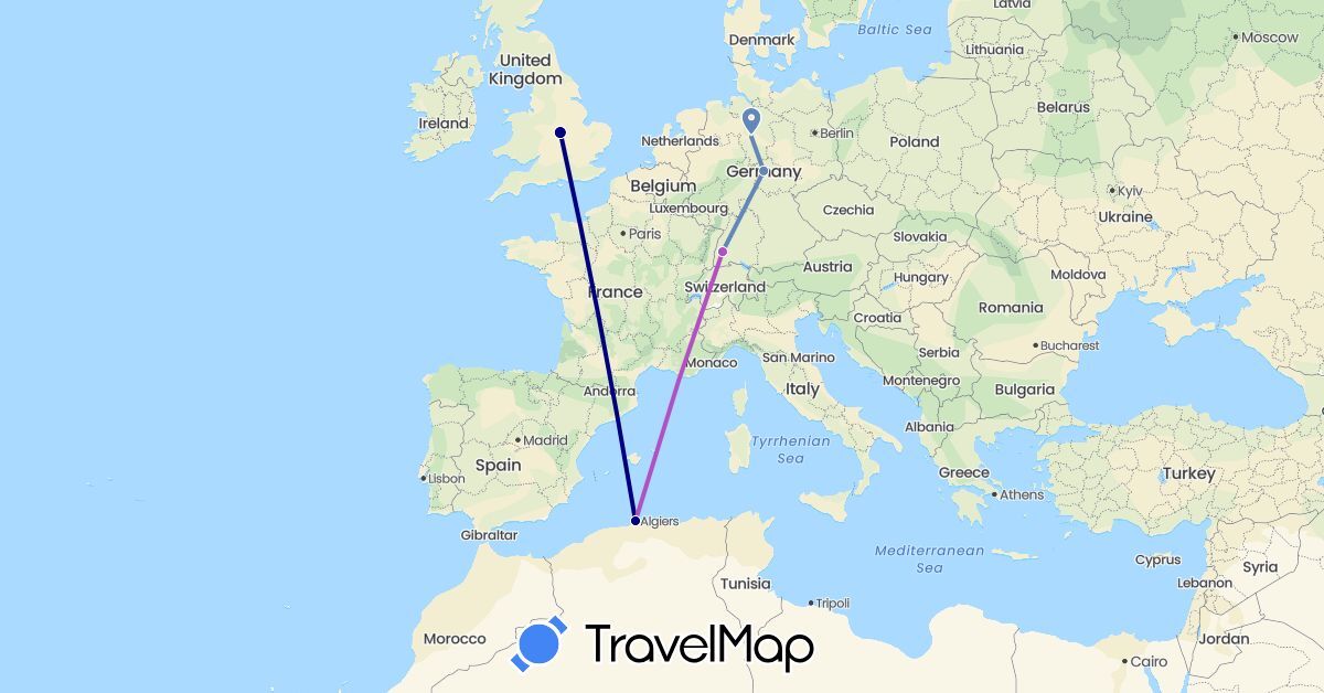 TravelMap itinerary: driving, cycling, train in Germany, Algeria, United Kingdom (Africa, Europe)