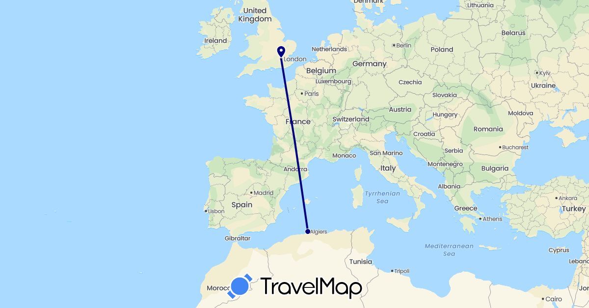 TravelMap itinerary: driving in Algeria, United Kingdom (Africa, Europe)